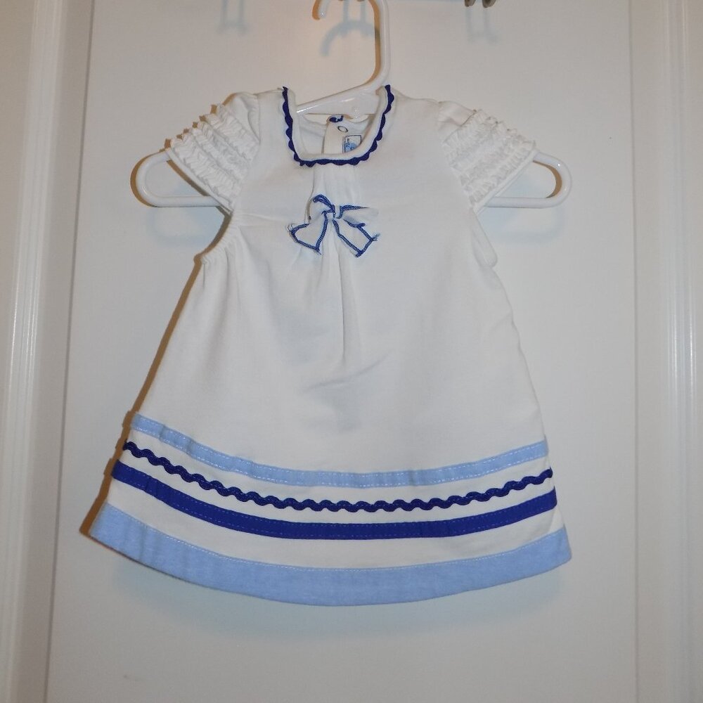MAYORAL White Blue Knit Dress Ricrac Trim Bow Newborn 0-6M Nautical Easter